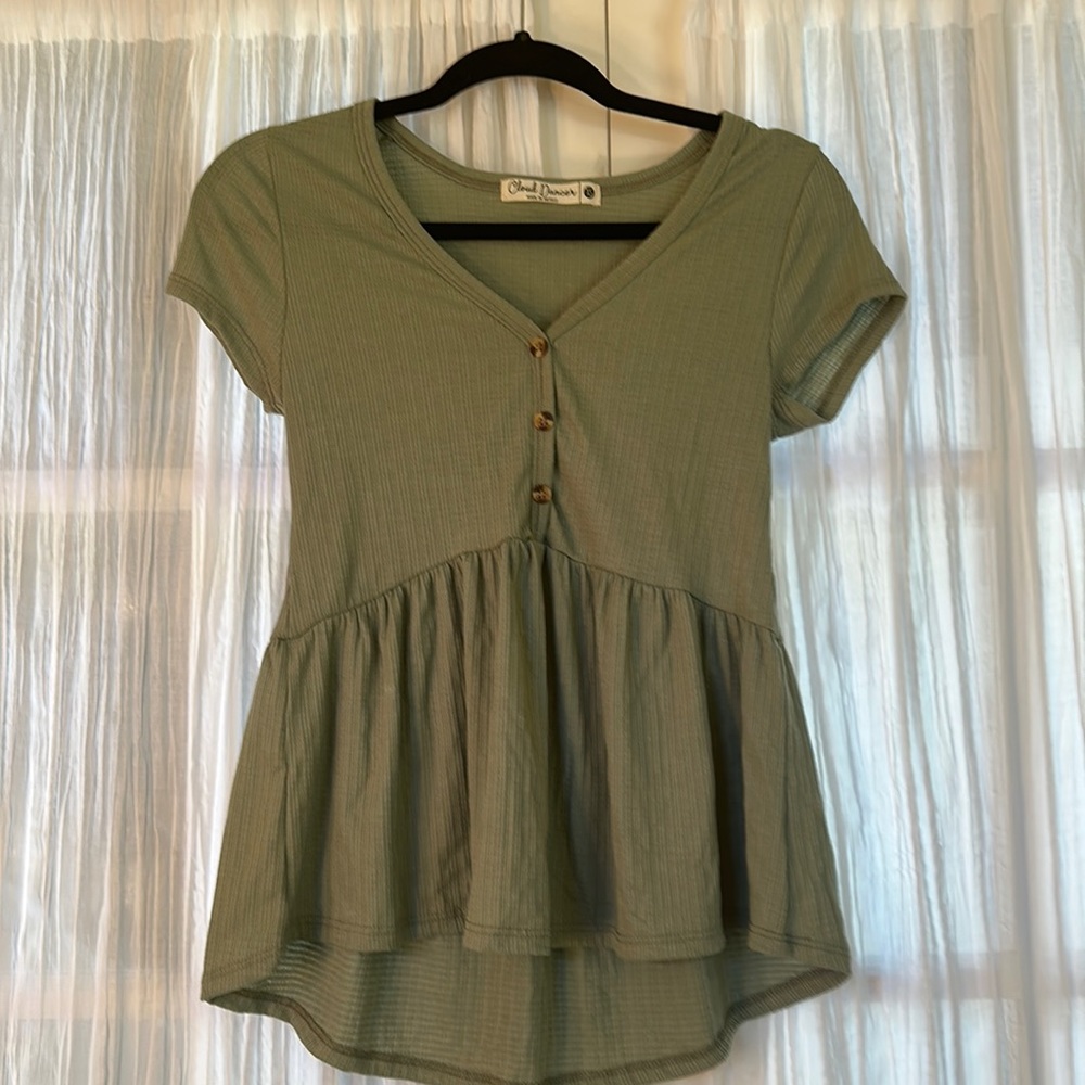 Cloud Dancer Green Peplum Top w/ Button Detail